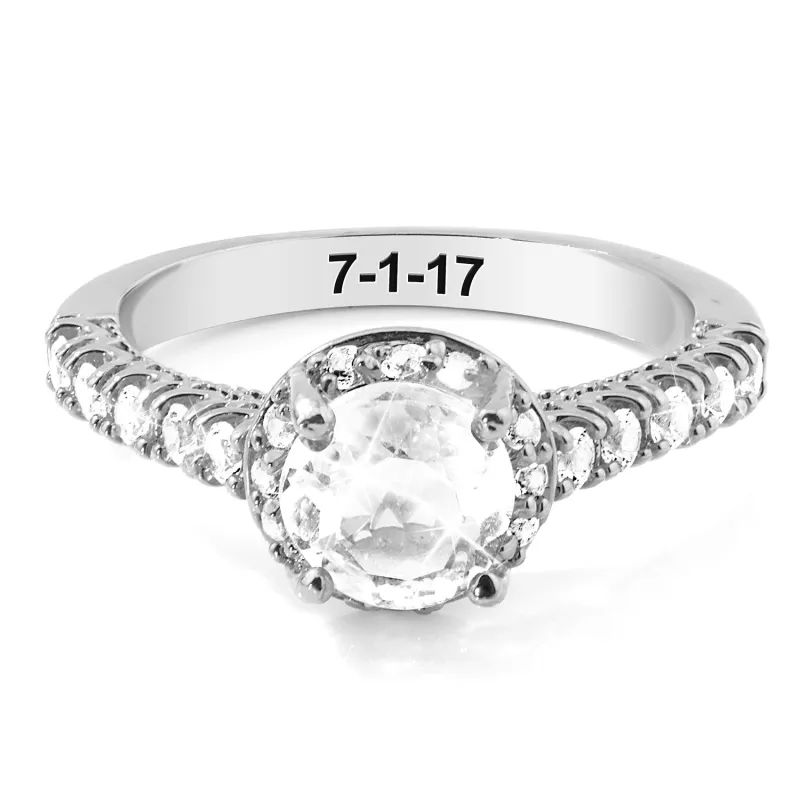 Platinum over Sterling Hidden Halo and Birthstone White Topaz Solitaire Engraved Engagement Ring sold by Limoges Jewelry