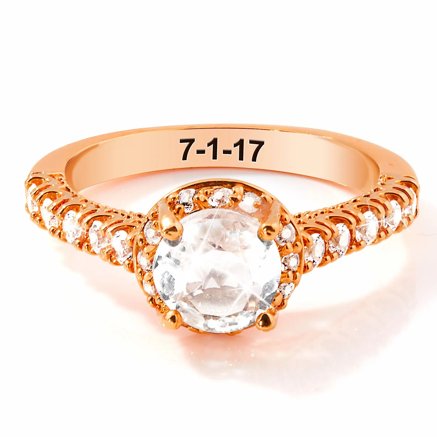 Rose Gold over Sterling Hidden Halo and Birthstone White Topaz Solitaire Engraved Engagement Ring sold by Limoges Jewelry