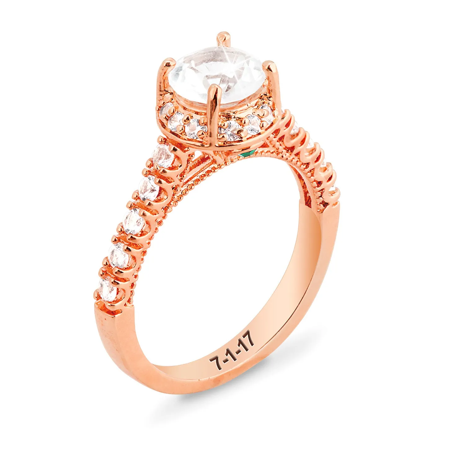 Rose Gold over Sterling Hidden Halo and Birthstone White Topaz Solitaire Engraved Engagement Ring sold by Limoges Jewelry product image thumbnail 3