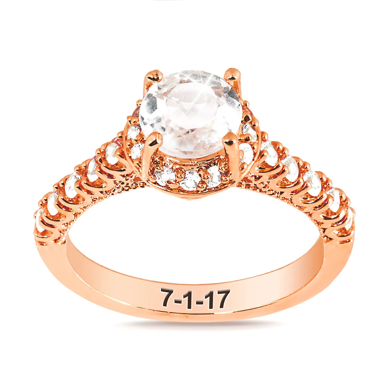 Rose Gold over Sterling Hidden Halo and Birthstone White Topaz Solitaire Engraved Engagement Ring sold by Limoges Jewelry product image thumbnail 2