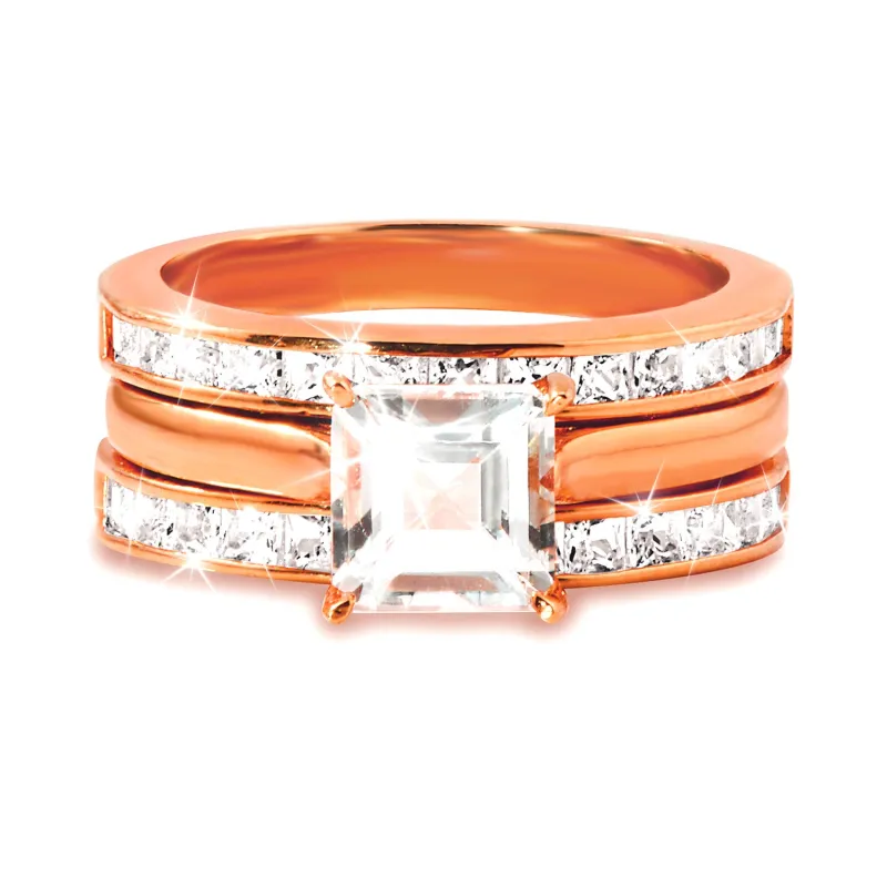 Rose Gold over Sterling Square White Topaz Engraved Enhancer Engagement Ring Set sold by Limoges Jewelry