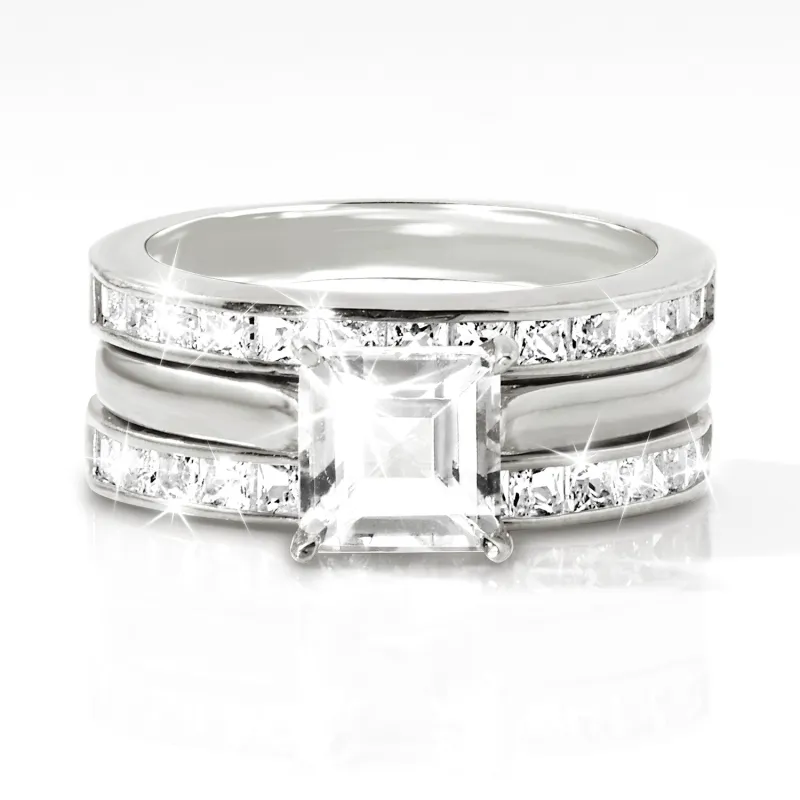 Platinum over Sterling Square White Topaz Engraved Enhancer Engagement Ring Set sold by Limoges Jewelry