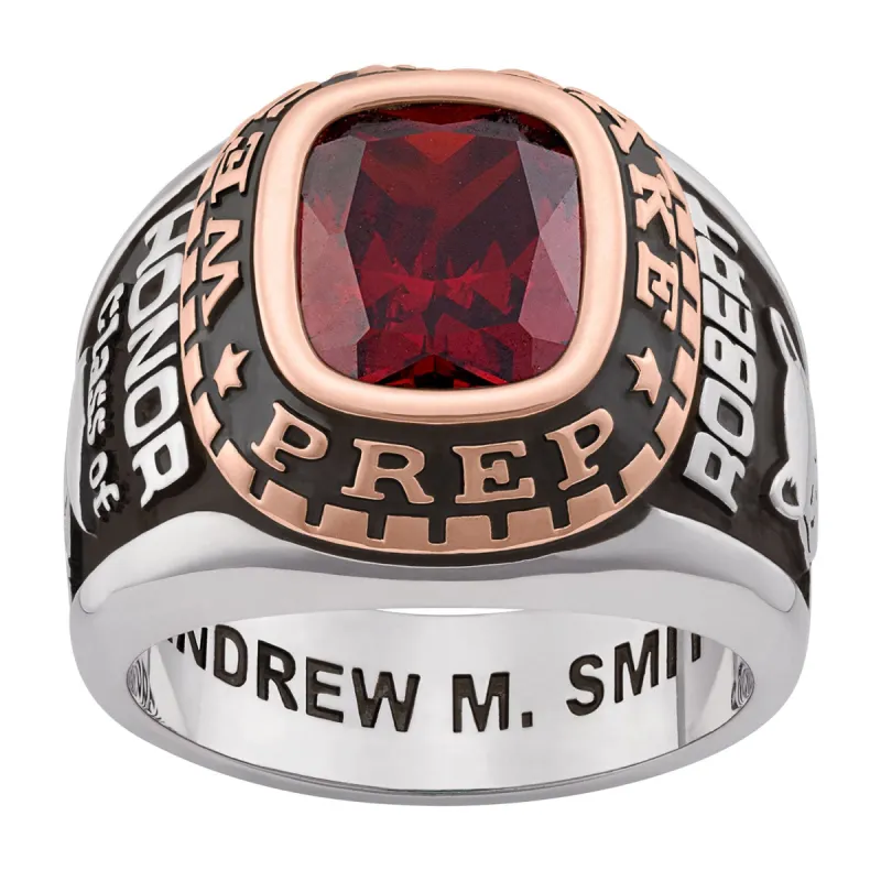 Men's 2-Tone Platinum and 14K Rose Gold Plated Birthstone Class Ring sold by Limoges Jewelry