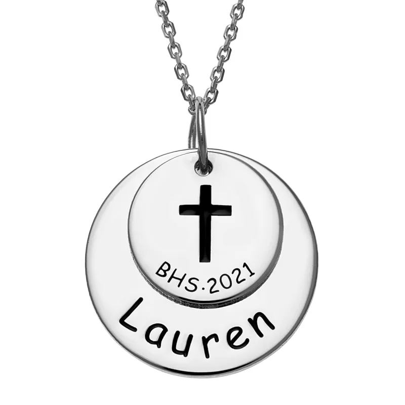 Sterling Silver Graduation Double Disc Necklace with Engraved Cross sold by Limoges Jewelry