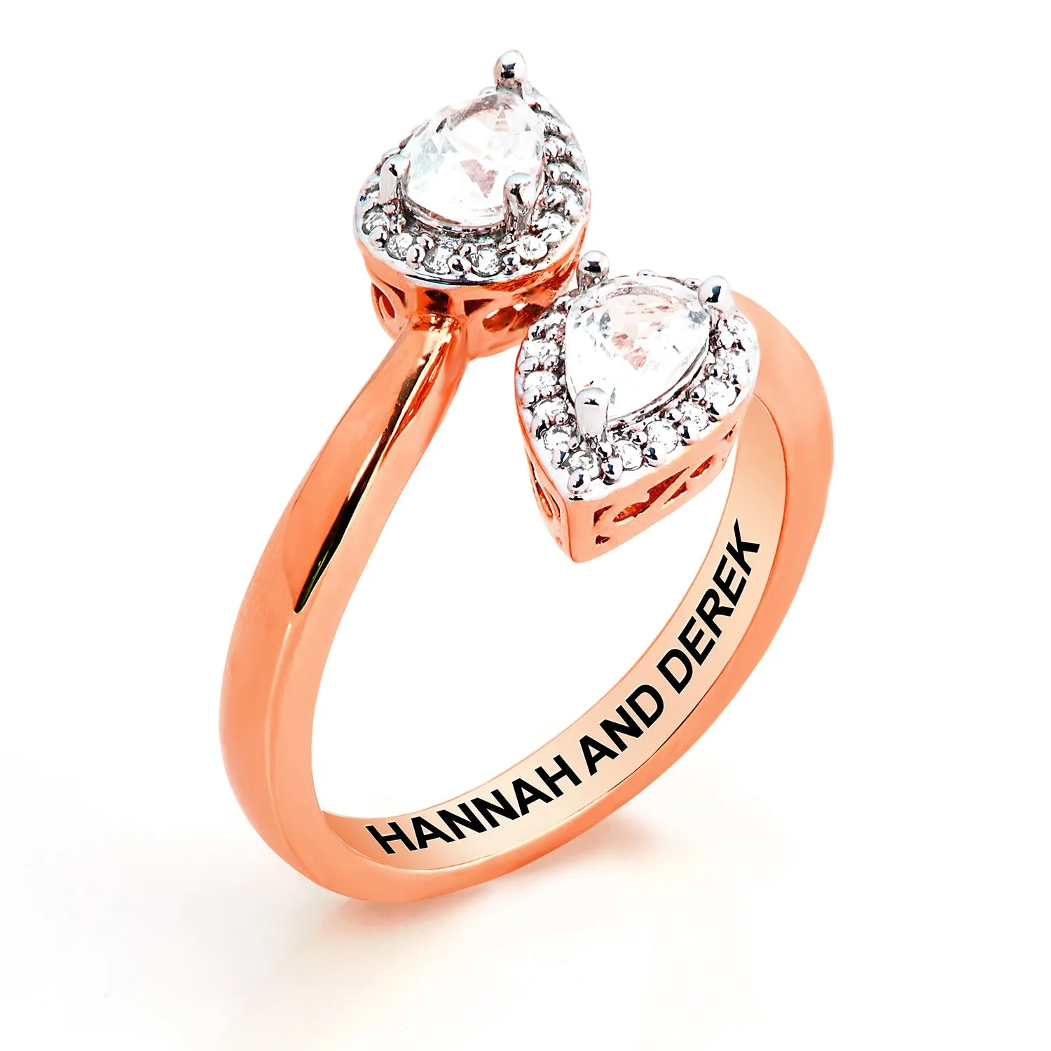 Rose Gold over Sterling Halo Pear White Topaz Engraved Bypass Ring sold by Limoges Jewelry product image thumbnail 3