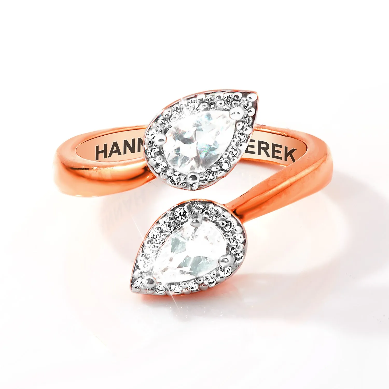 Rose Gold over Sterling Halo Pear White Topaz Engraved Bypass Ring sold by Limoges Jewelry