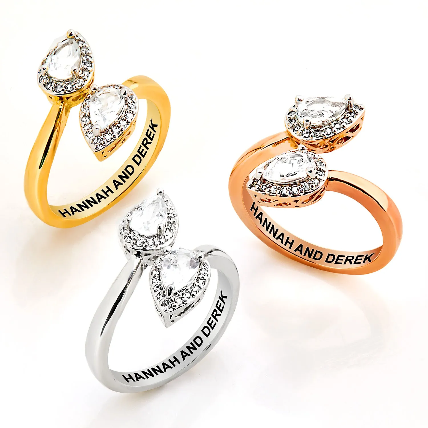 Rose Gold over Sterling Halo Pear White Topaz Engraved Bypass Ring sold by Limoges Jewelry product image thumbnail 5