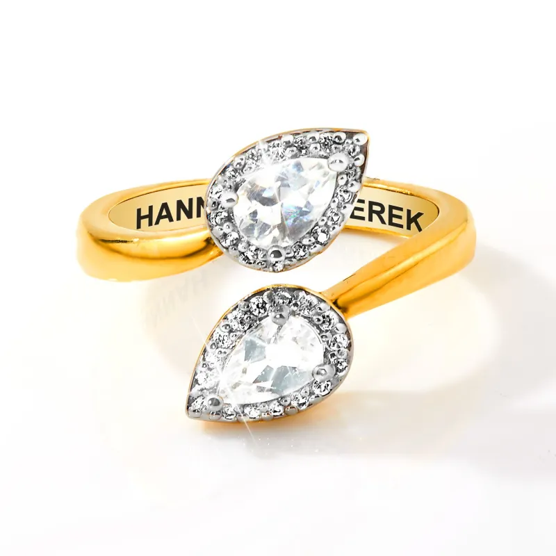 Gold over Sterling Halo Pear White Topaz Engraved Bypass Ring sold by Limoges Jewelry