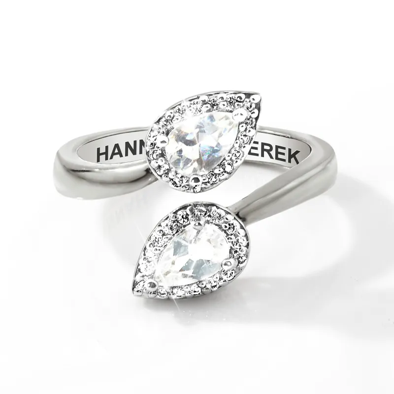 Platinum over Sterling Halo Pear White Topaz Engraved Bypass Ring sold by Limoges Jewelry