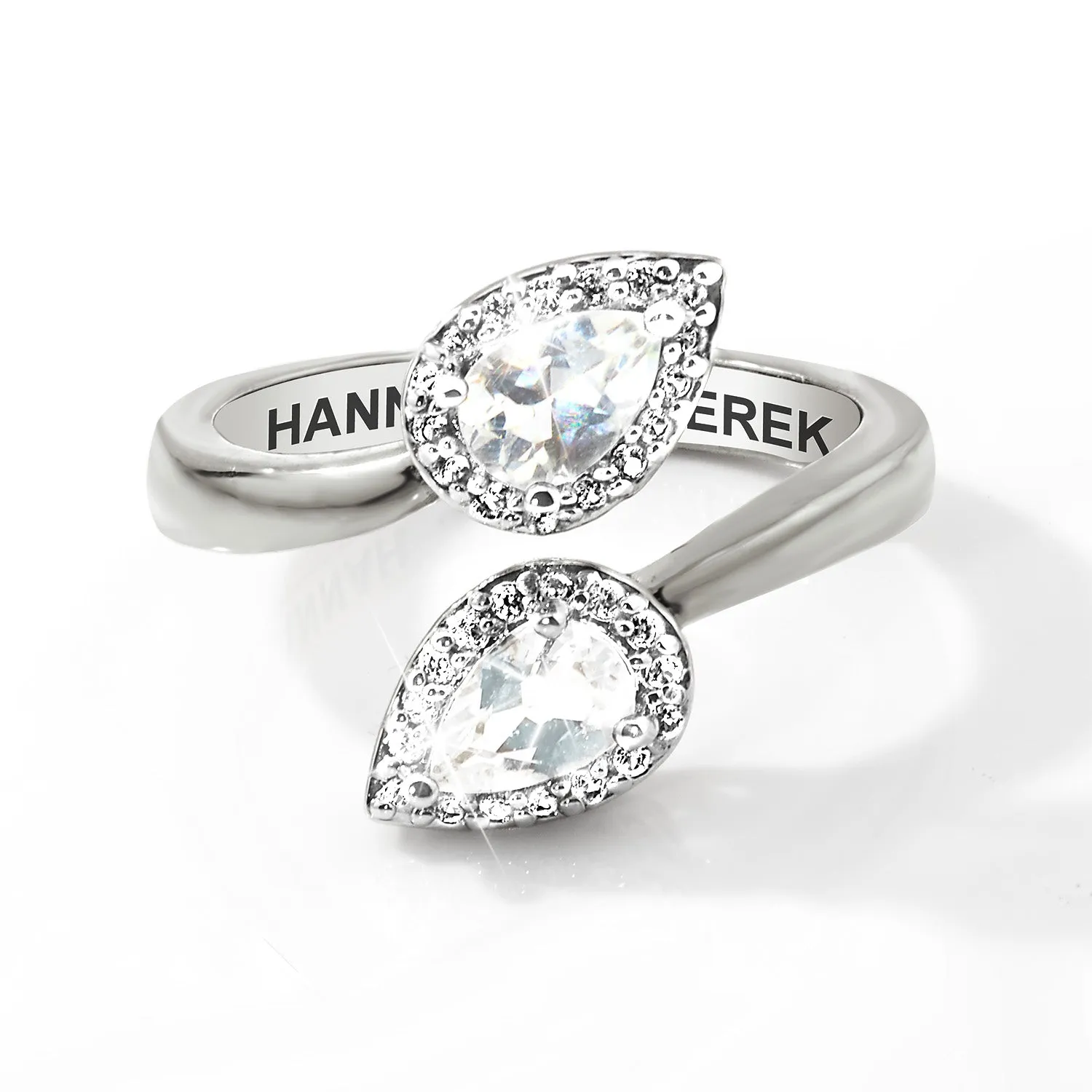 Platinum over Sterling Halo Pear White Topaz Engraved Bypass Ring sold by Limoges Jewelry