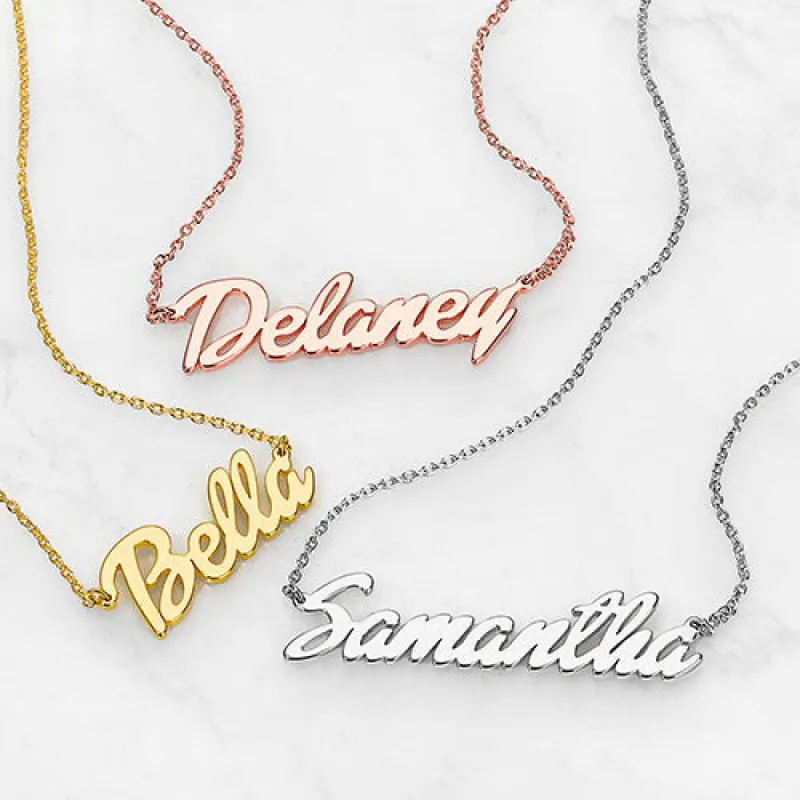 Sterling Silver Small Bold Script Name Necklace sold by Limoges Jewelry