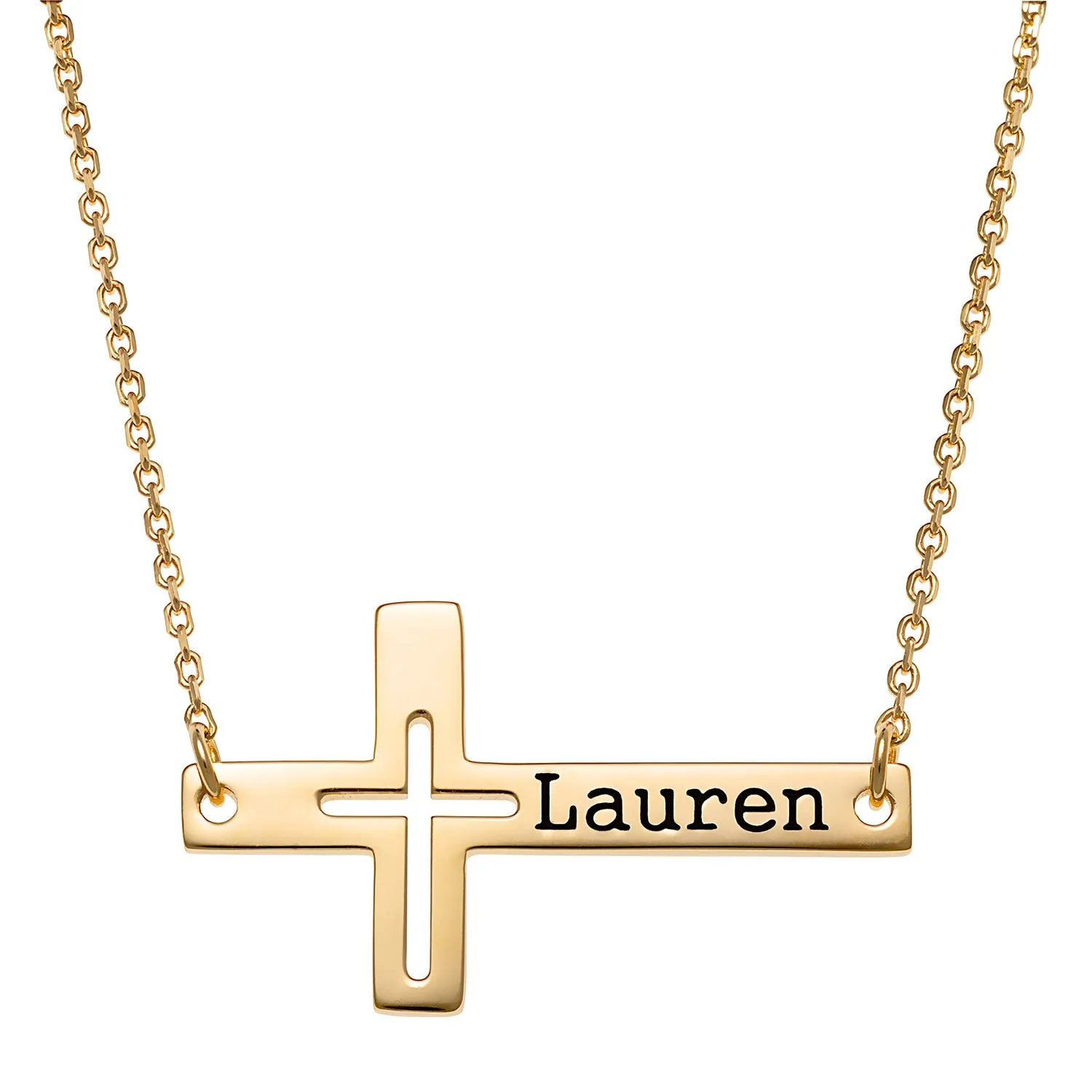 14K Gold over Sterling Engraved Name Sideways Cross Necklace sold by Limoges Jewelry