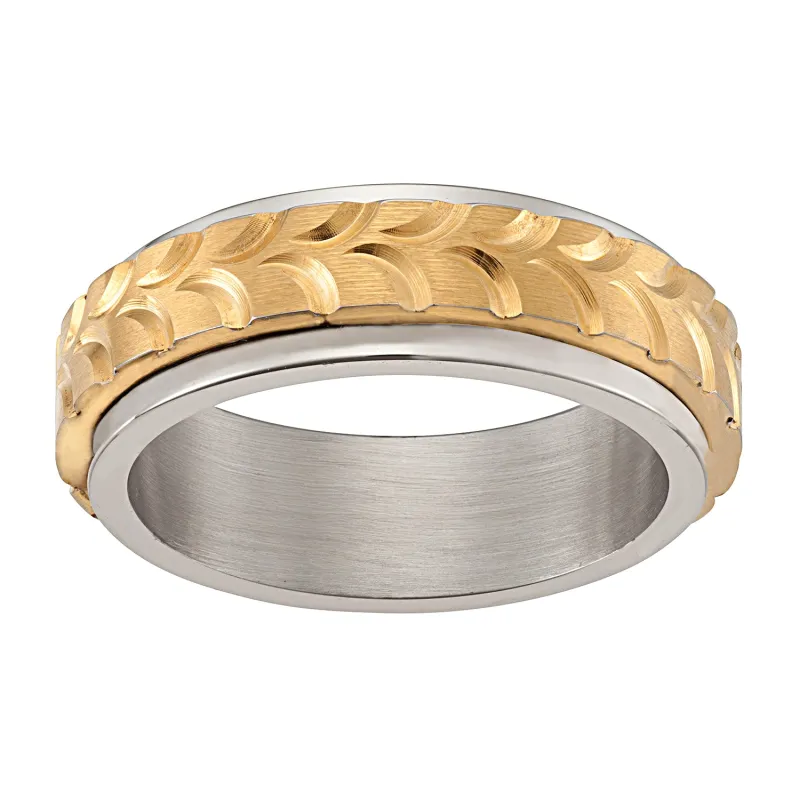 Men's Stainless Steel Two-Tone Diamond-cut Textured Spinner Band - 6.5mm sold by Limoges Jewelry