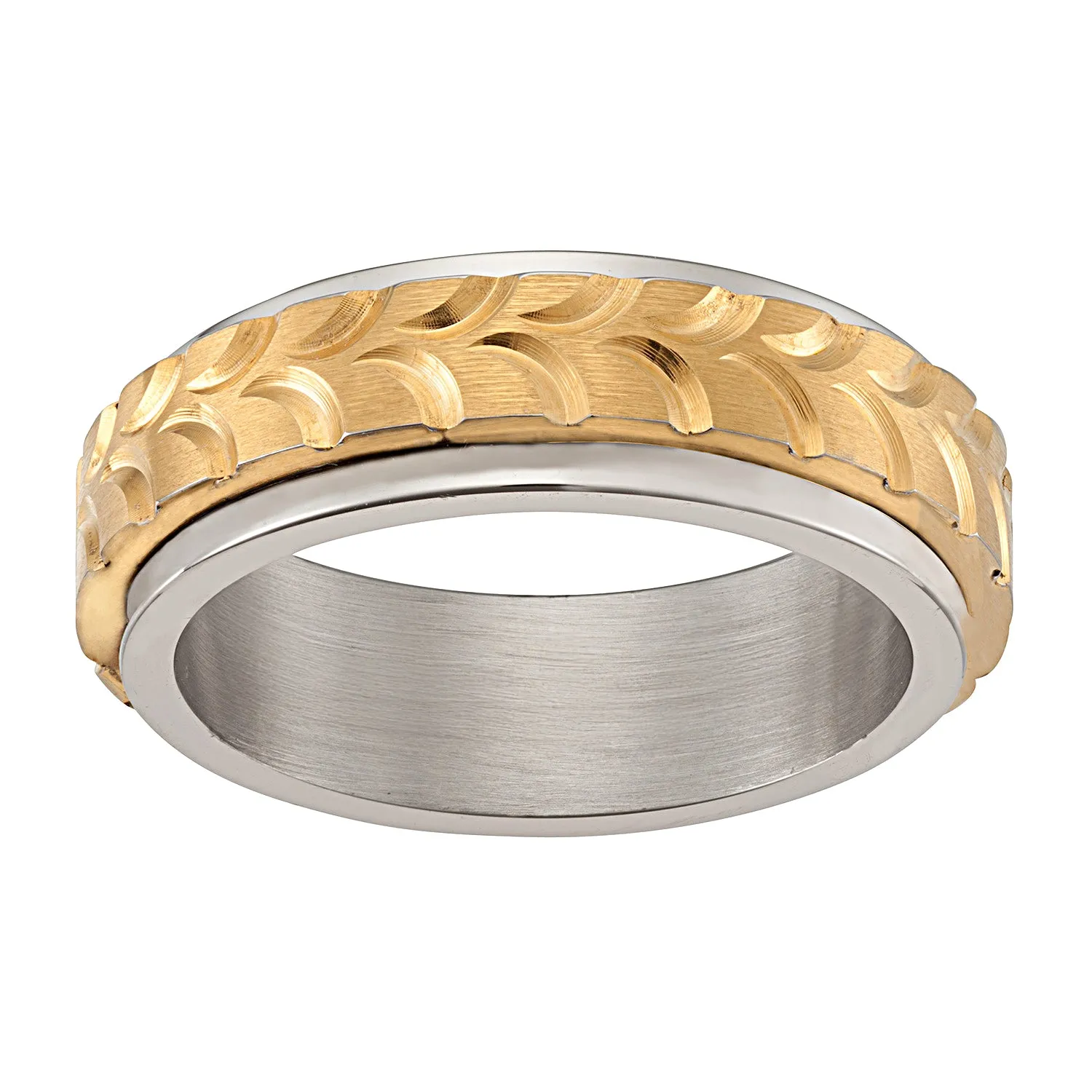 Men's Stainless Steel Two-Tone Diamond-cut Textured Spinner Band - 6.5mm sold by Limoges Jewelry
