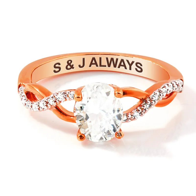 Rose Gold over Sterling Oval White Topaz Twist Engagement Ring sold by Limoges Jewelry