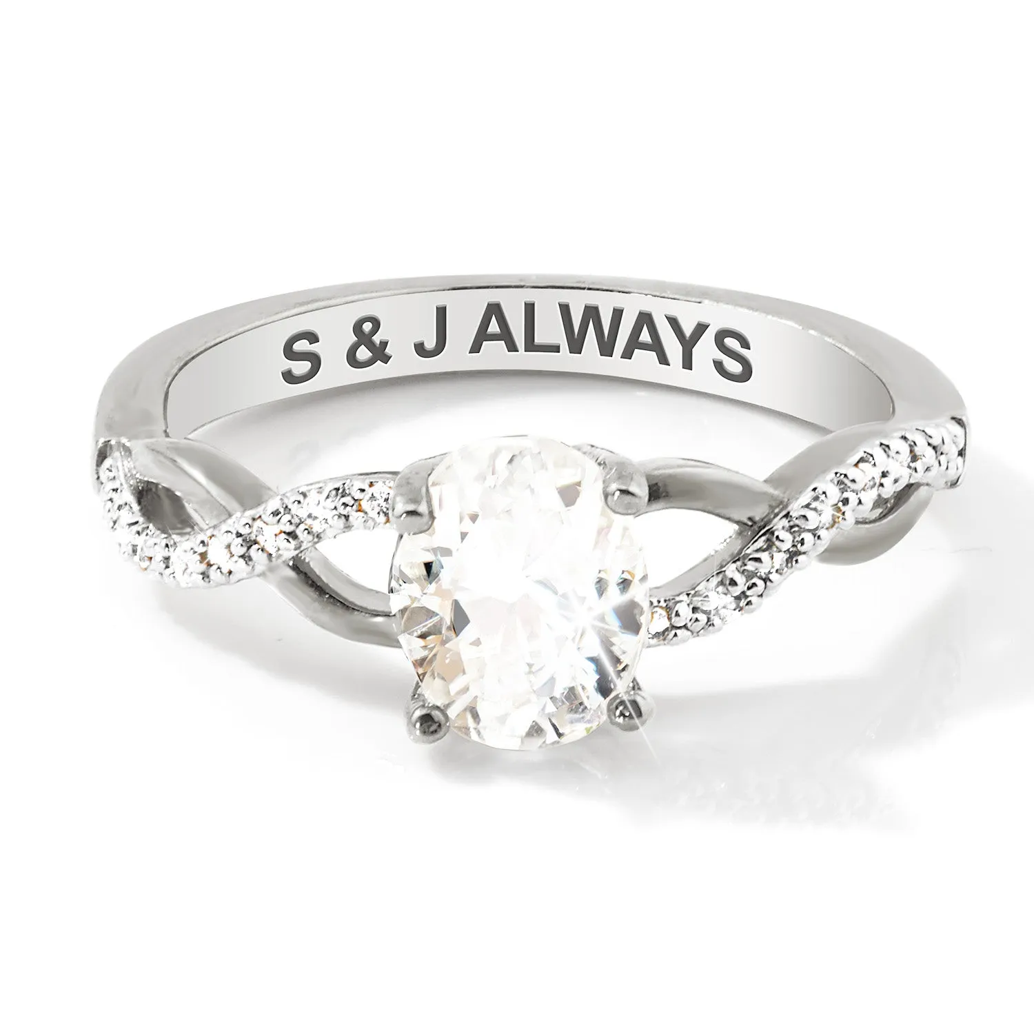 Platinum over Sterling Oval White Topaz Twist Engagement Ring sold by Limoges Jewelry