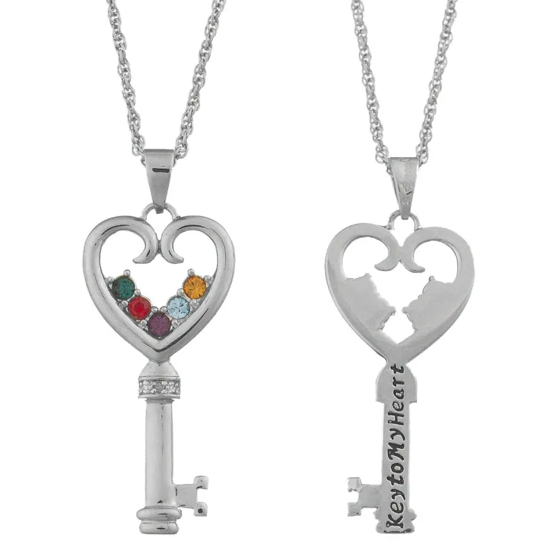Platinum Plated Key to My Heart Family Birthstone Necklace sold by Limoges Jewelry