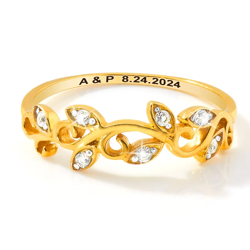 Gold over Sterling Scroll Leaf White Topaz Band Ring sold by Limoges Jewelry