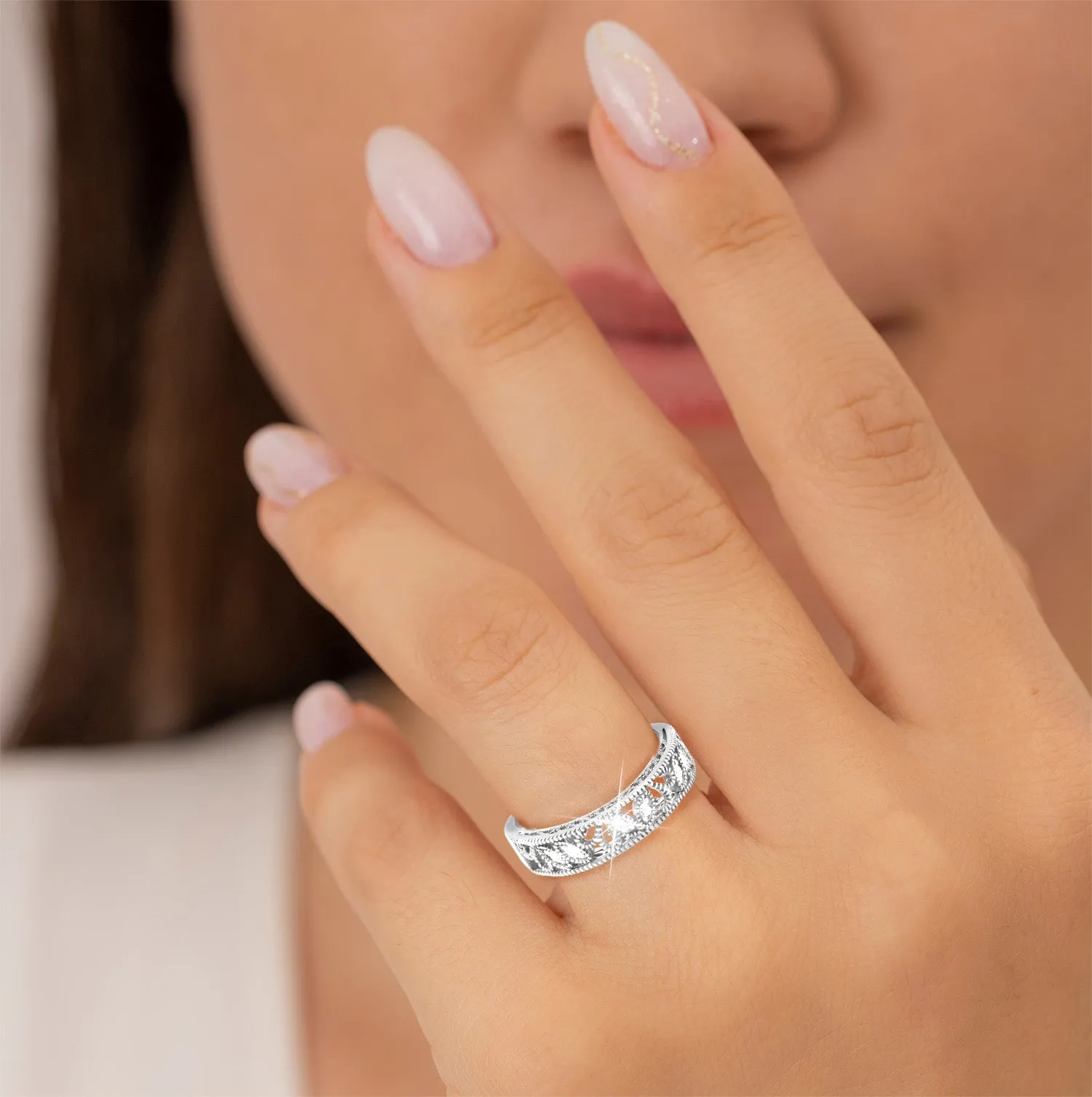 Platinum over Sterling Vintage Filigree White Topaz Band Ring sold by Limoges Jewelry product image thumbnail 2