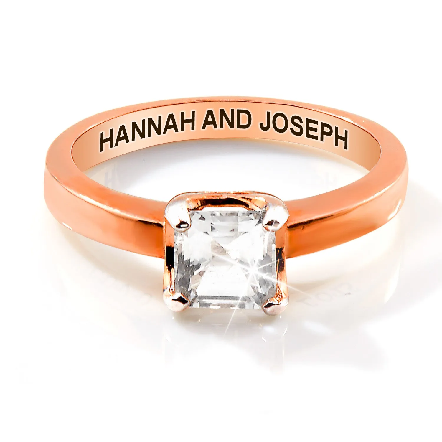 Rose Gold over Sterling Square White Topaz Solitaire Open Heart Engraved Wedding Ring sold by Limoges Jewelry