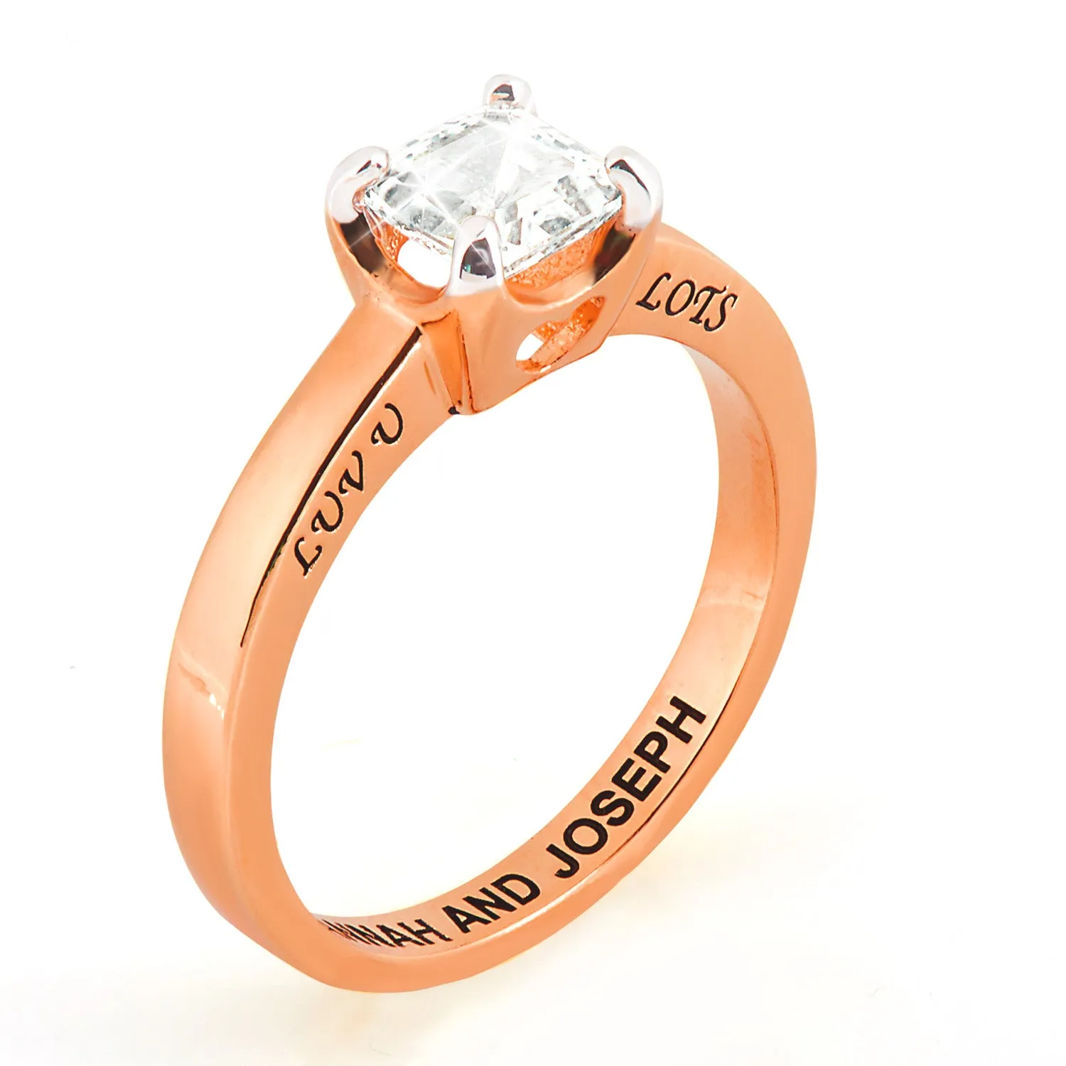 Rose Gold over Sterling Square White Topaz Solitaire Open Heart Engraved Wedding Ring sold by Limoges Jewelry product image thumbnail 3