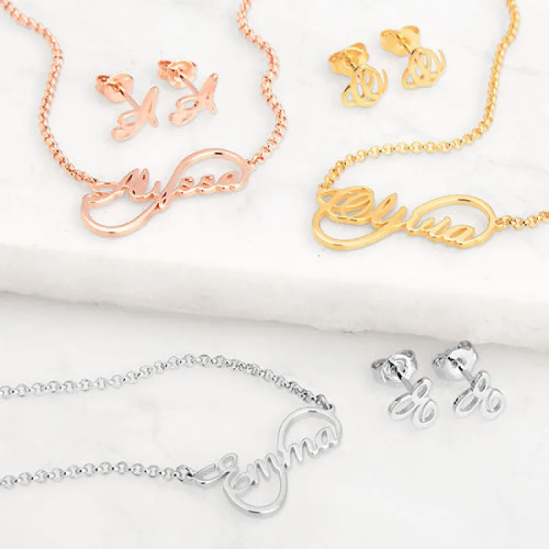 Sterling Silver Script Name Infinity Necklace and Initial Earring Set sold by Limoges Jewelry