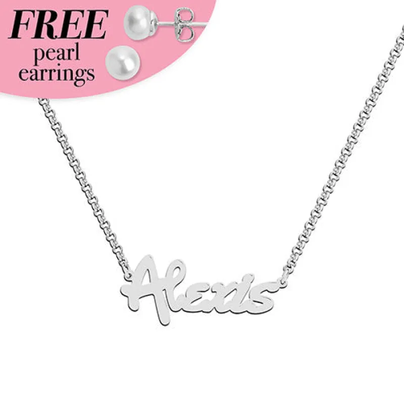 Sterling Silver Bold Script Name with Free Freshwater Pearl Earrings sold by Limoges Jewelry