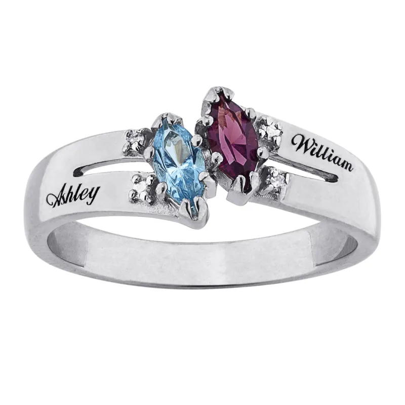 10K White Gold Couples Marquise Birthstone Name Ring with Diamond Accent sold by Limoges Jewelry