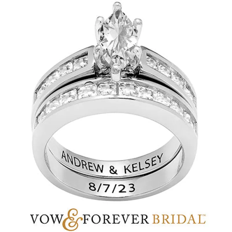 Platinum over Sterling Marquise White Topaz 2 Piece Engraved Wedding Set sold by Limoges Jewelry