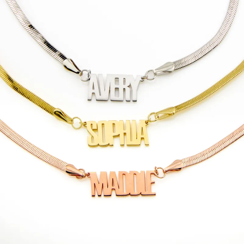 Herringbone Chain Bold Uppercase Name Necklace sold by Limoges Jewelry