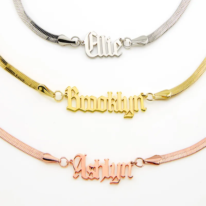 Herringbone Chain Old English Name Necklace sold by Limoges Jewelry