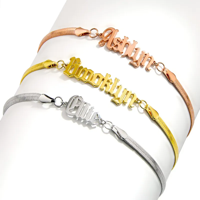 Herringbone Chain Old English Name Bracelet sold by Limoges Jewelry