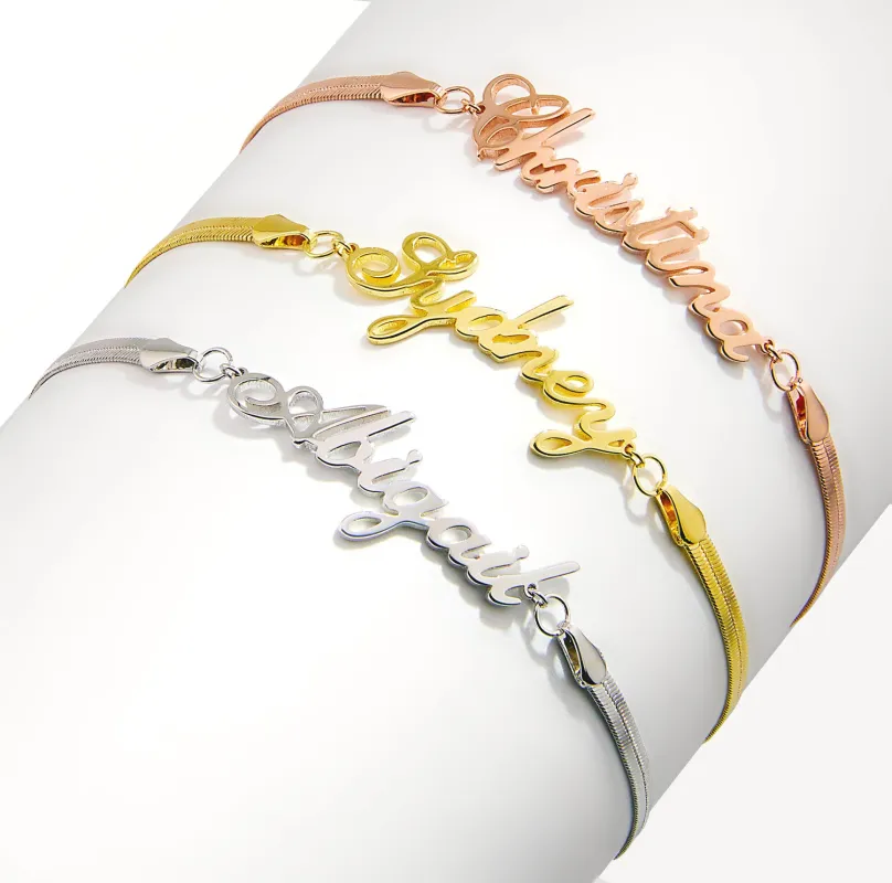 Herringbone Chain Script Name Bracelet sold by Limoges Jewelry