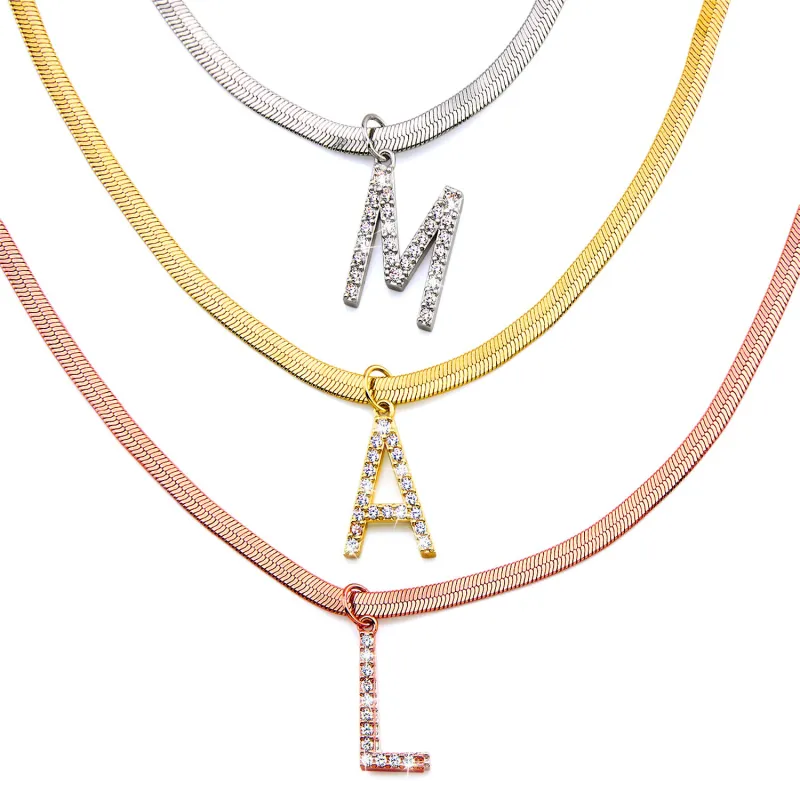 Herringbone Chain CZ Initial Charm Necklace sold by Limoges Jewelry