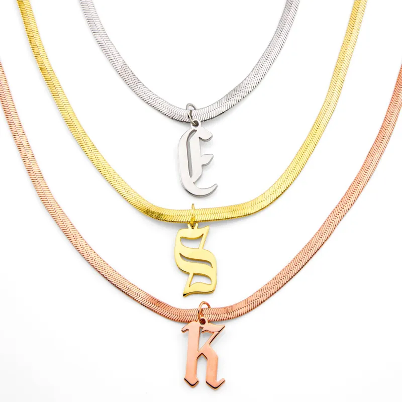 Herringbone Chain Old English Initial Charm Necklace made by Limoges Jewelry