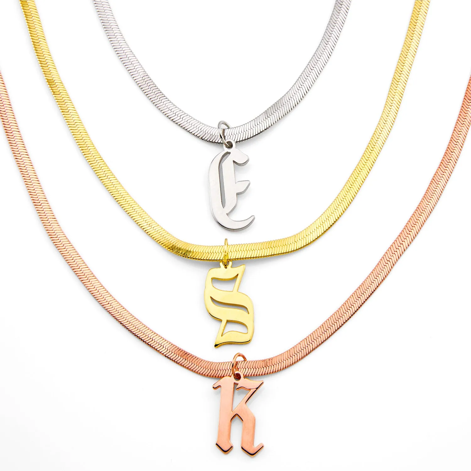 Herringbone Chain Old English Initial Charm Necklace sold by Limoges Jewelry