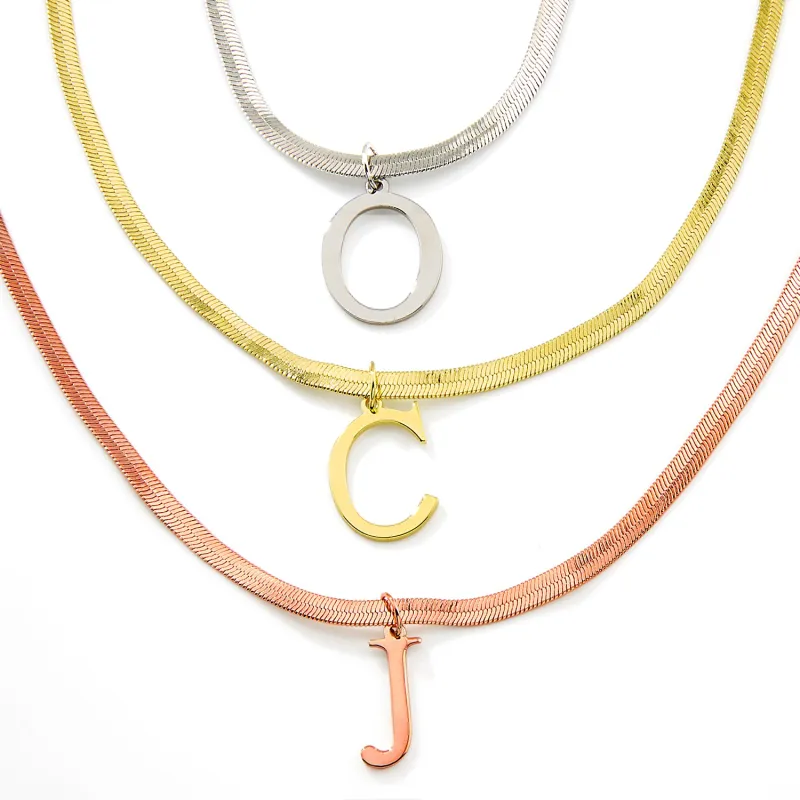 Herringbone Chain Bold Initial Charm Necklace sold by Limoges Jewelry