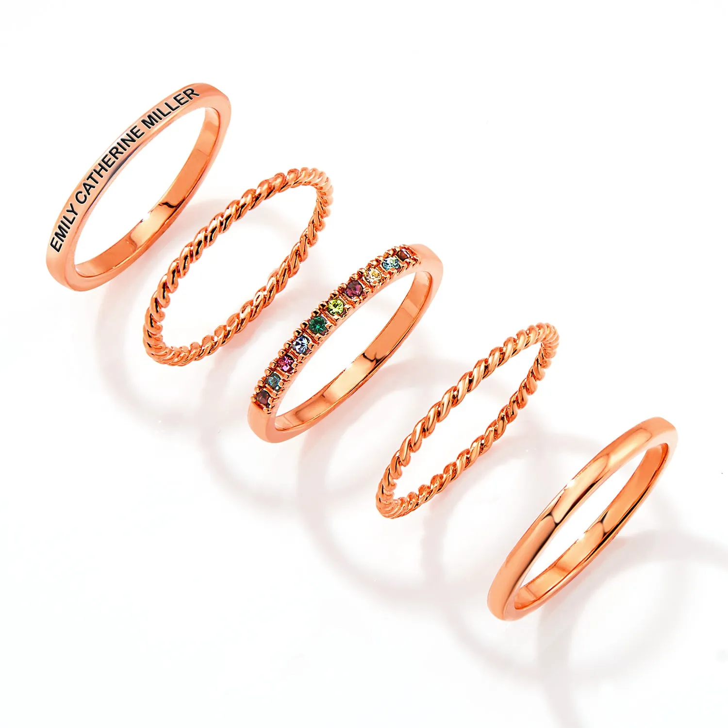 Rose Gold Plated Personalized Family Birthstone Roped Stackable 5 Ring Set sold by Limoges Jewelry product image thumbnail 3