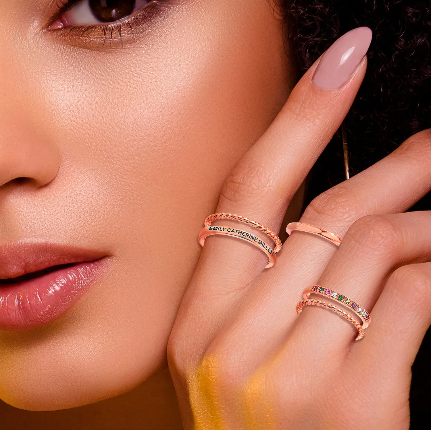 Rose Gold Plated Personalized Family Birthstone Roped Stackable 5 Ring Set sold by Limoges Jewelry product image thumbnail 2