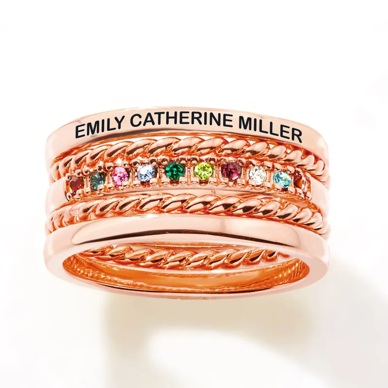 Rose Gold Plated Personalized Family Birthstone Roped Stackable 5 Ring Set sold by Limoges Jewelry