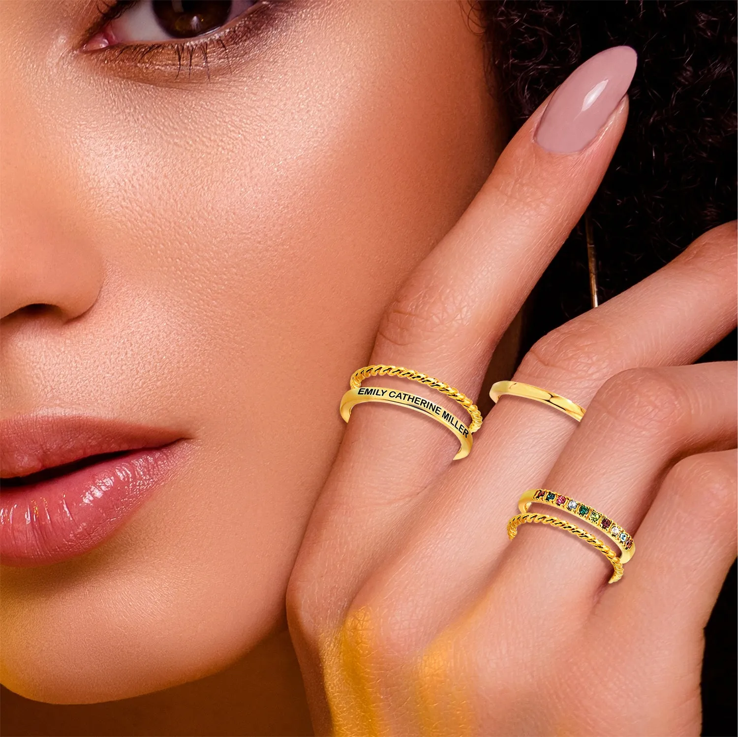 Gold Plated Personalized Family Birthstone Roped Stackable 5 Ring Set sold by Limoges Jewelry product image thumbnail 2