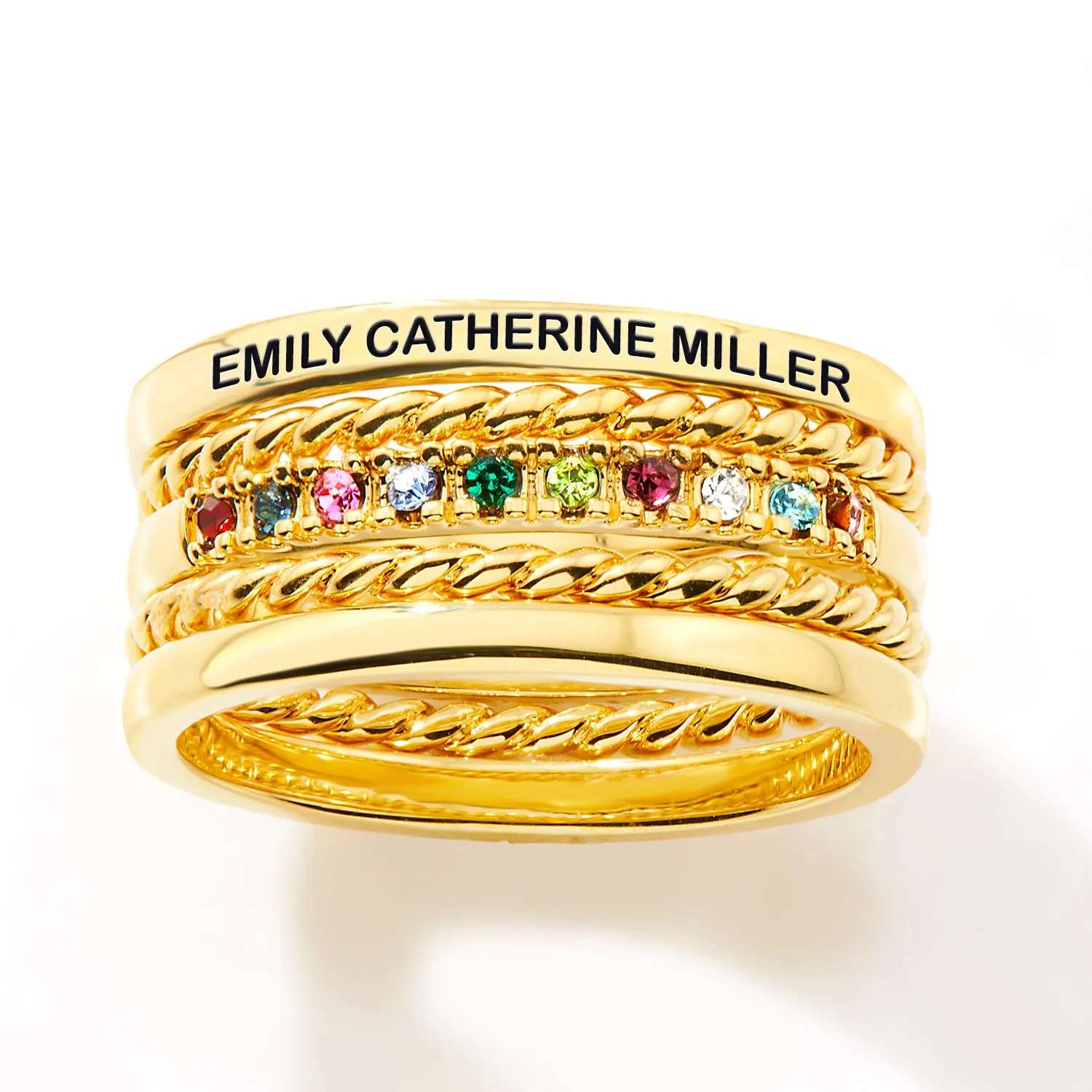 Gold Plated Personalized Family Birthstone Roped Stackable 5 Ring Set sold by Limoges Jewelry