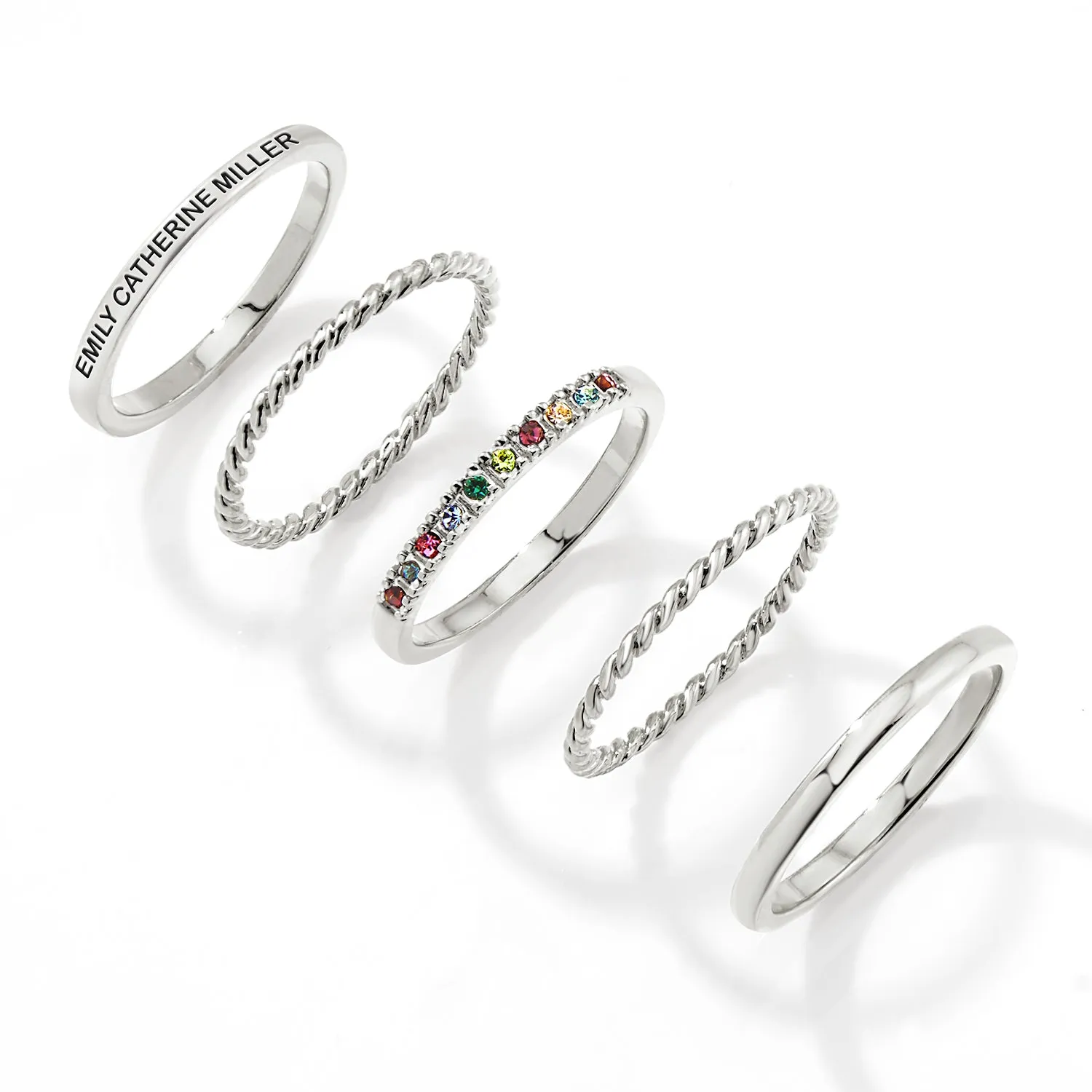 Silver Plated Personalized Family Birthstone Roped Stackable 5 Ring Set sold by Limoges Jewelry product image thumbnail 3