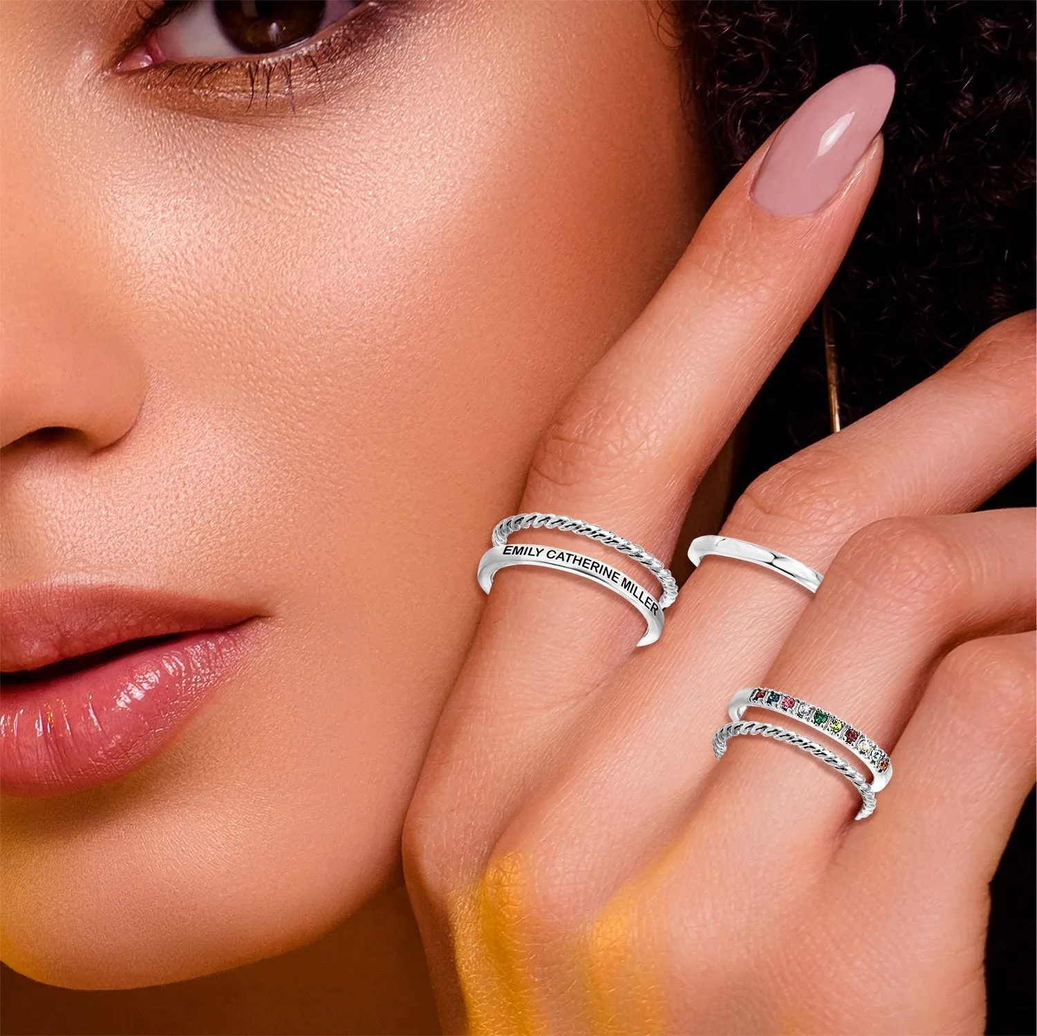 Silver Plated Personalized Family Birthstone Roped Stackable 5 Ring Set sold by Limoges Jewelry product image thumbnail 2