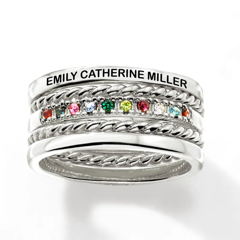 Silver Plated Personalized Family Birthstone Roped Stackable 5 Ring Set sold by Limoges Jewelry