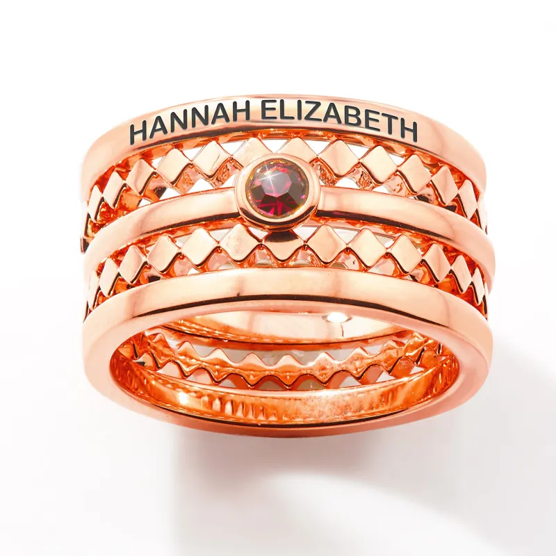 Rose Gold Plated Engraved Birthstone Geometric Stackable 5 Ring Set sold by Limoges Jewelry
