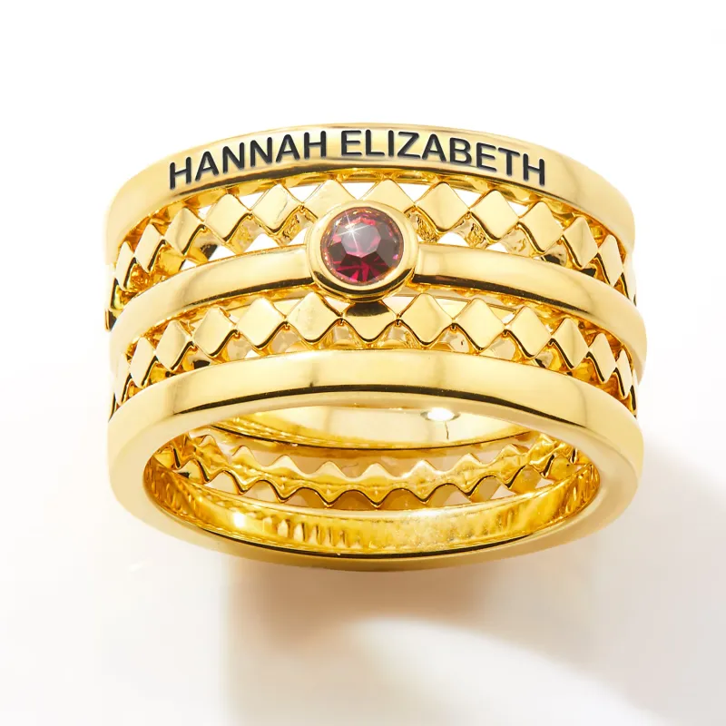 Gold Plated Engraved Birthstone Geometric Stackable 5 Ring Set sold by Limoges Jewelry