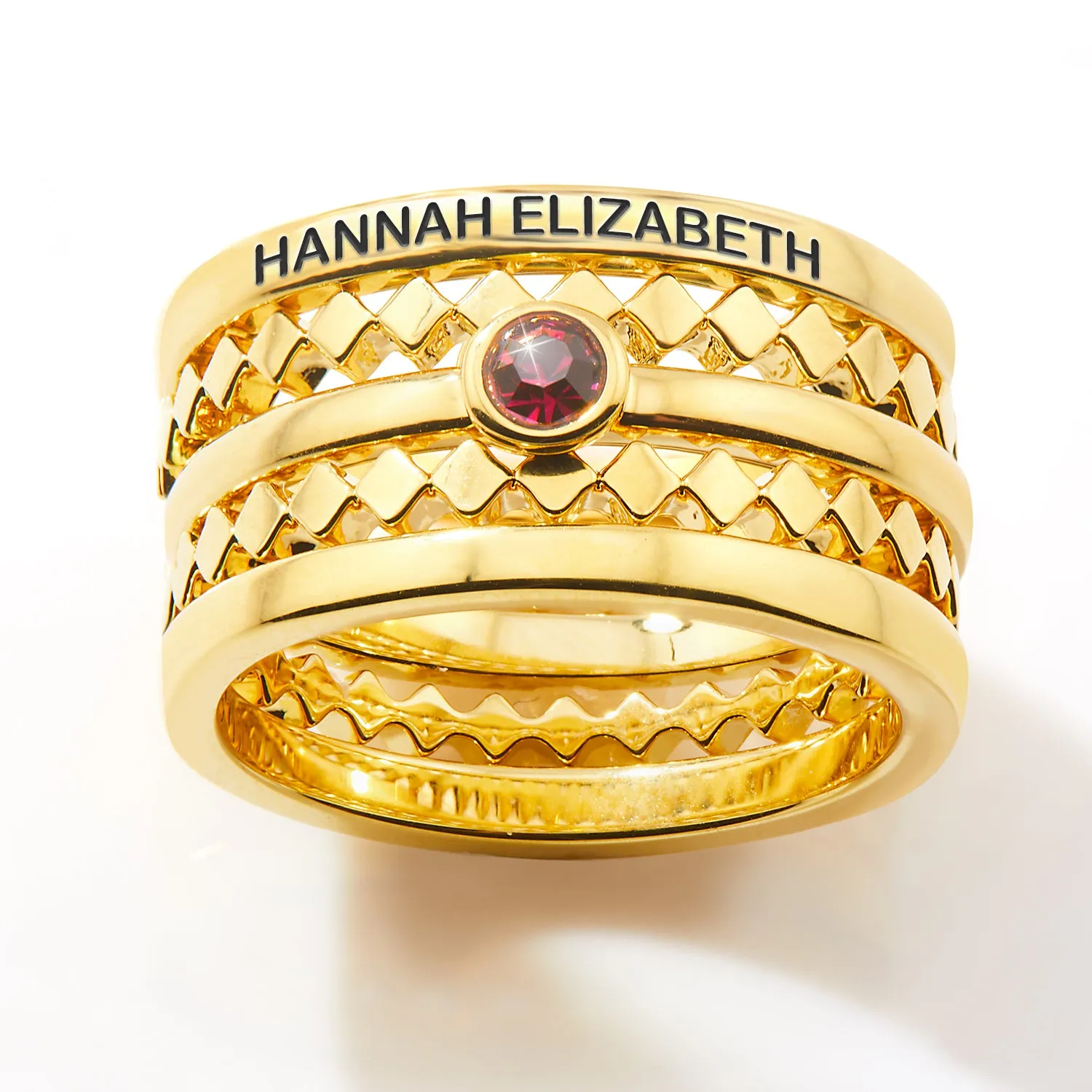 Gold Plated Engraved Birthstone Geometric Stackable 5 Ring Set sold by Limoges Jewelry