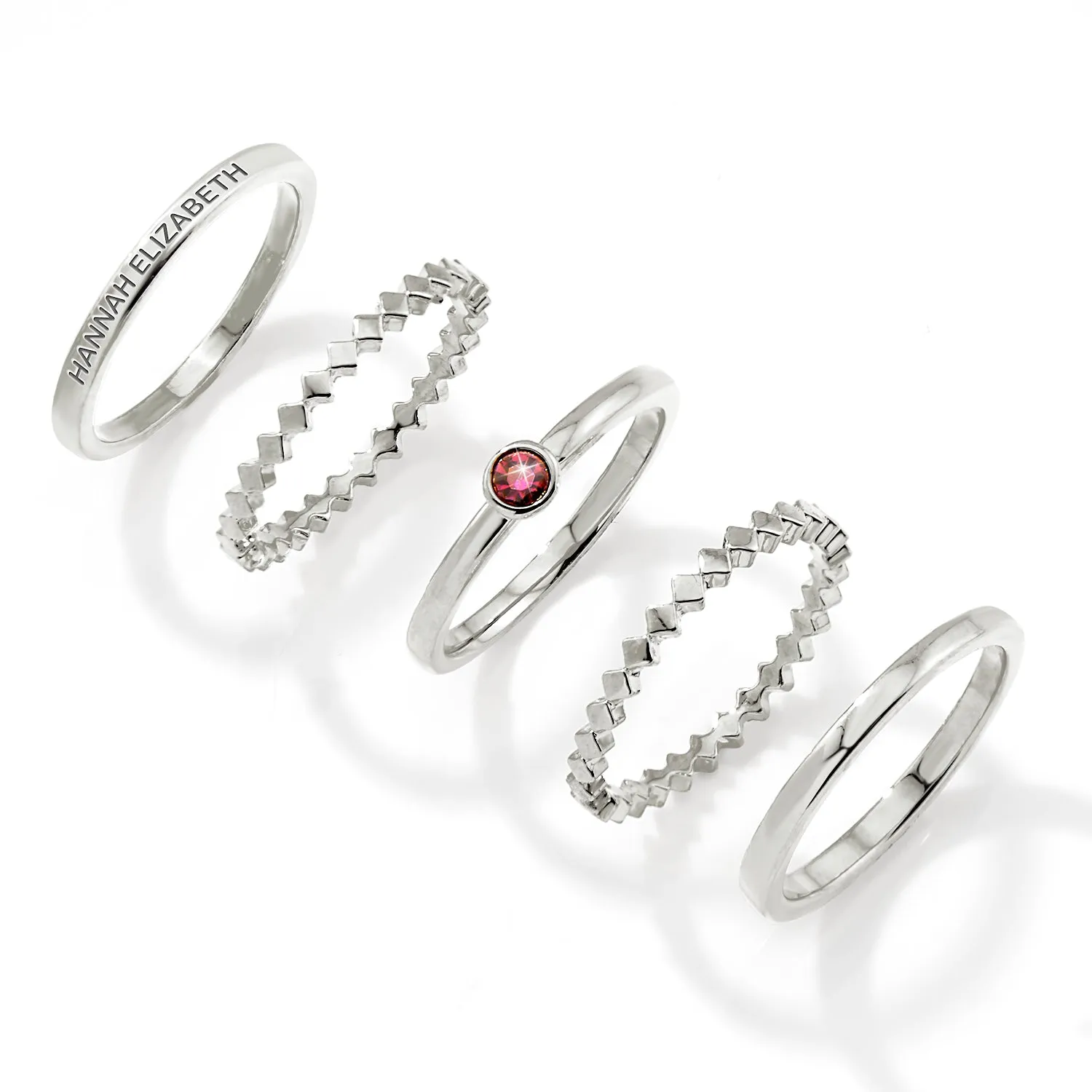 Silver Plated Engraved Birthstone Geometric Stackable 5 Ring Set sold by Limoges Jewelry product image thumbnail 3