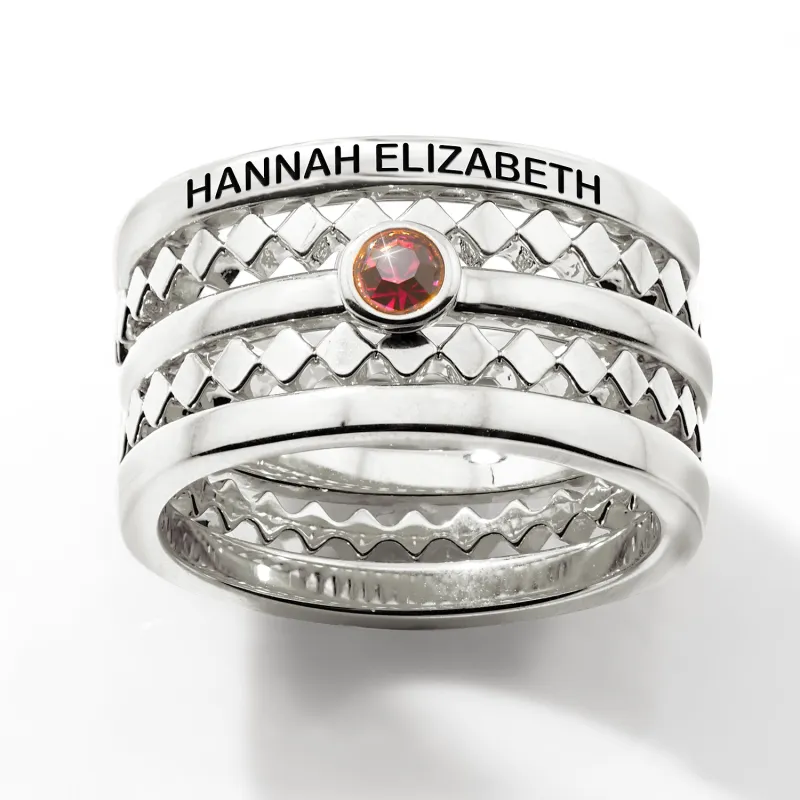 Silver Plated Engraved Birthstone Geometric Stackable 5 Ring Set sold by Limoges Jewelry
